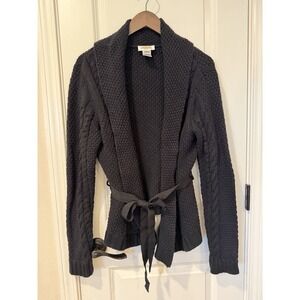 Talbots Belted Shawl Collar Cardigan Sweater Women's Large Black Cable Knit